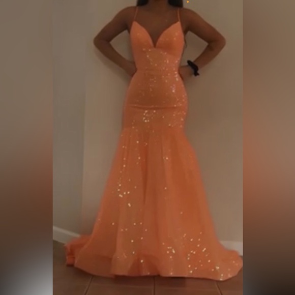 Coral Prom Sequence Long Backless Mermaid Dress - Picture 1 of 9